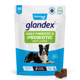 Vetnique Glandex daily probiotics bacon chews bottle shows tasty gut health support for dogs