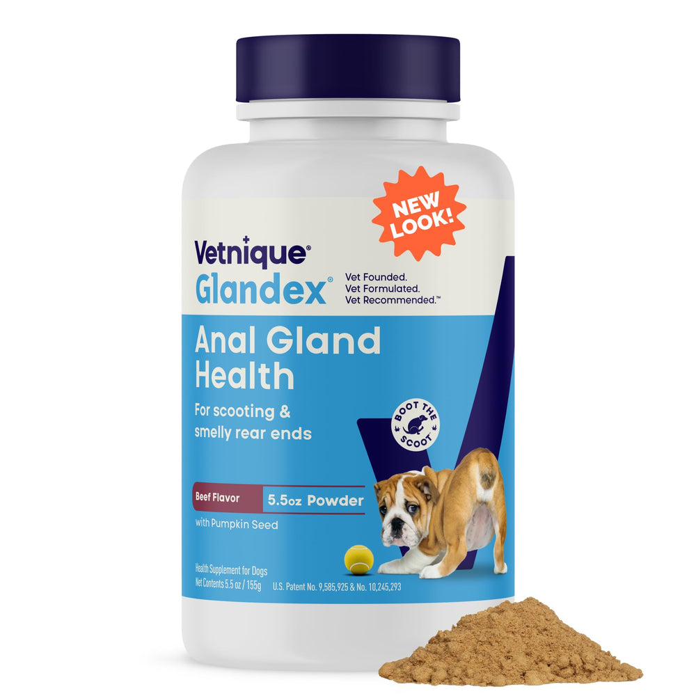 Vetnique Glandex dog fiber powder bottle for anal gland support and digestion health.