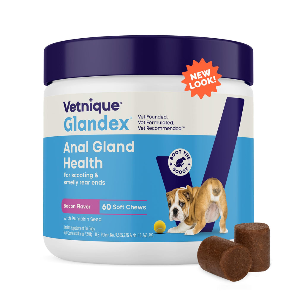 Vetnique Glandex soft-chew bacon packaging supports daily anal gland health and digestion
