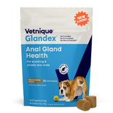 Vetnique Glandex soft chews in a dog bowl aid daily digestion and anal health.