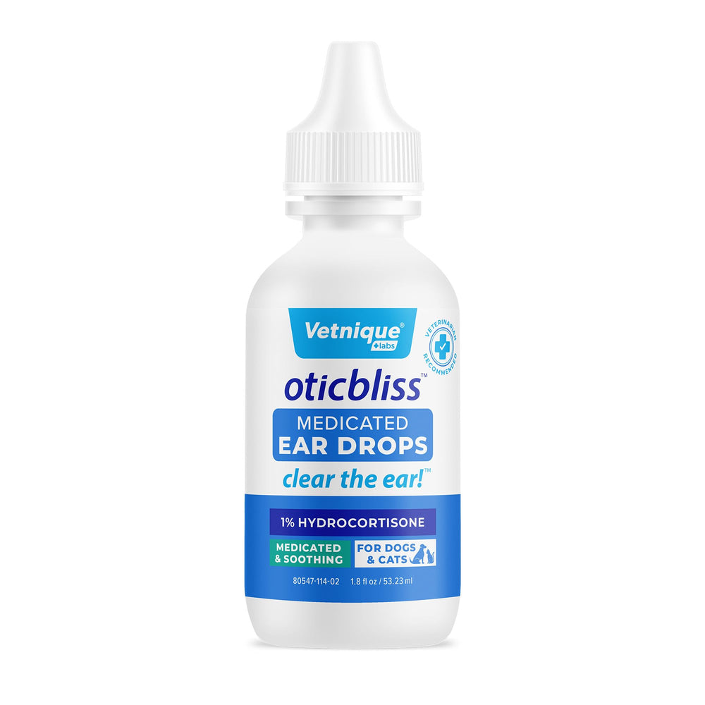 Vetnique Oticbliss ear drops bottle; helps soothe ear irritation and supports cleanliness.