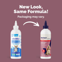 Vetnique Oticbliss ingredients label highlights dual active ingredients for targeted care.