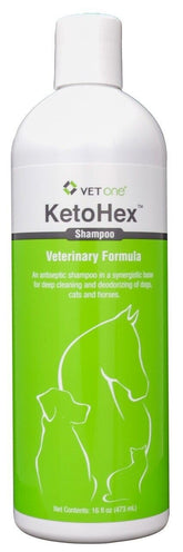 Vet One KetoHex shampoo bottle supports antibacterial cleansing for pets.