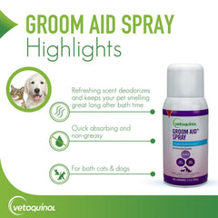 Vetoquinol Groom-Aid dog brush detangle shows how it eases brushing and reduces matting.