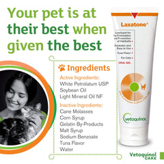 Vetoquinol Laxatone cat-nose dab image demonstrates simple application for hairball care.