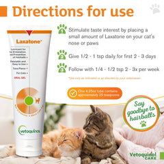 Vetoquinol Laxatone cat-paw dab shows pet-friendly gel for routine use.