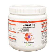 Vetoquinol Renal K+ powder tub front shows palatable kidney support for dogs and cats.