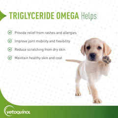 Vetoquinol Triglyceride Omega-3 dog pills illustrating simple administration for large dogs