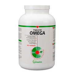 Vetoquinol Triglyceride Omega-3 bottle close-up signaling skin and coat support