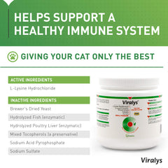 Vetoquinol Viralys fish-flavored lysine powder appeals to cats, aiding daily immune support.