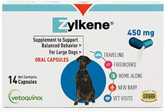 Vetoquinol Zylkene large dog capsules closeup promoting calm during stressful events.
