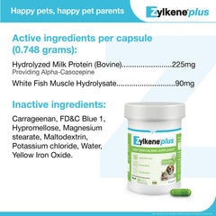Vetoquinol Zylkene Plus capsules close-up showing lactose-free calming ingredients.