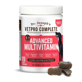 VetPro Complete dog multivitamin chew bottle close-up promoting daily vitality.