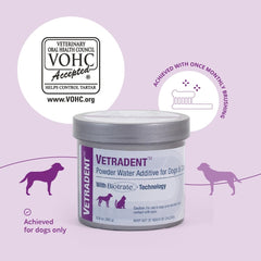 Vetradent powder water additive dog drinking from a bowl highlights easy integration into daily care.
