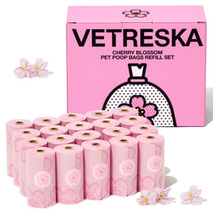 VETRESKA cherry blossom poop bags in pink packaging for cleaner dog walks