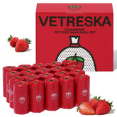 VETRESKA strawberry scented dog poop bags packaging highlights eco-friendly materials.