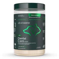 Measuring scoop with VetriScience Dental Care Powder for accurate daily dosing.