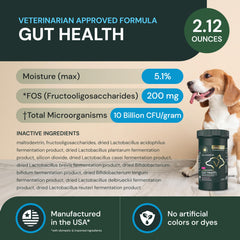 VetriScience Gut Health Powder being poured into pet food for tasteless blending.