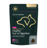 VETRISCIENCE Healthy Gut Digestion bottle pour demonstrates probiotic delivery for dogs and cats.