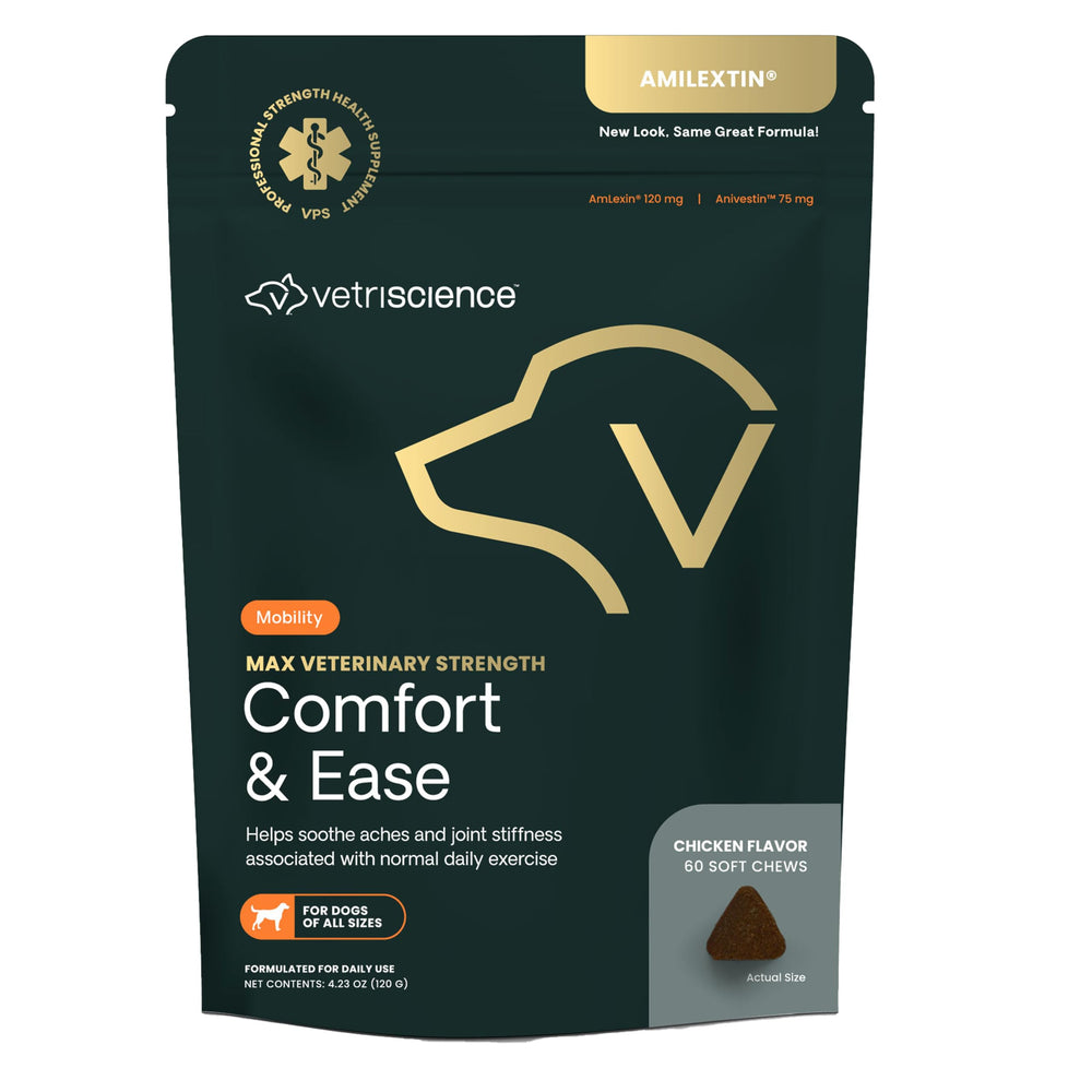 VetriScience Max Comfort & Ease chews bottle promotes dog joint support for daily activity.