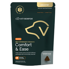VetriScience Max Comfort & Ease chews bottle promotes dog joint support for daily activity.