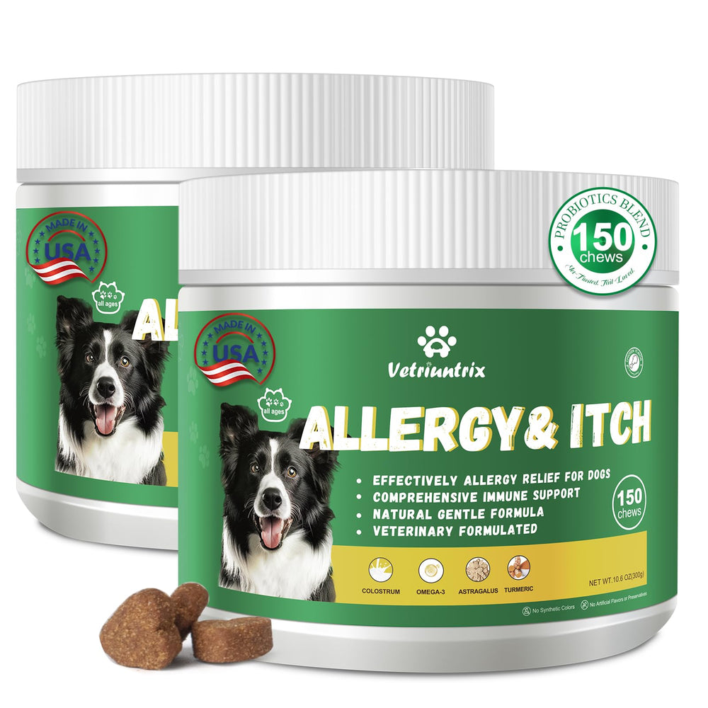 Vetriuntrix dog allergy chews jar front showing ingredients for itchy skin relief