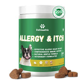 Vetriuntrix Dog Allergy Chews jar front showing chicken flavor for itch relief potential.