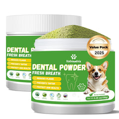 Vetriuntrix dog dental powder tub front for daily fresh breath support
