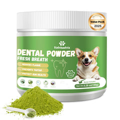 Vetriuntrix dog teeth cleaning powder tub for at-home dental care and fresh breath.