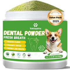 Vetriuntrix dog teeth powder tub closeup shows plant-based formula for fresher breath
