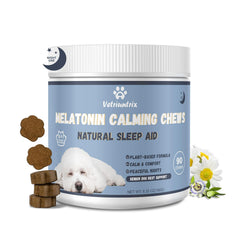 Vetriuntrix Melatonin for Dogs packaging highlights calming formula for restful nights.