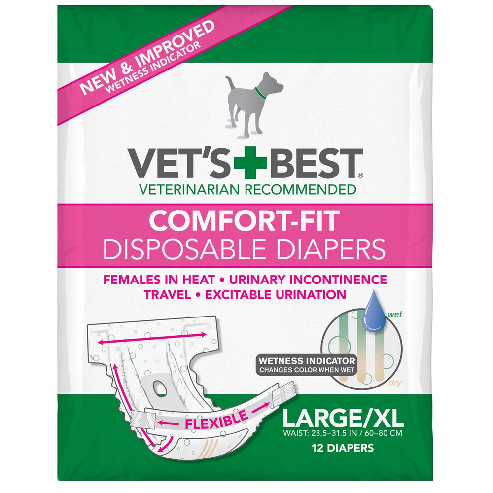 Vet's Best Comfort-Fit diapers pack back view shows secure fit for travel.