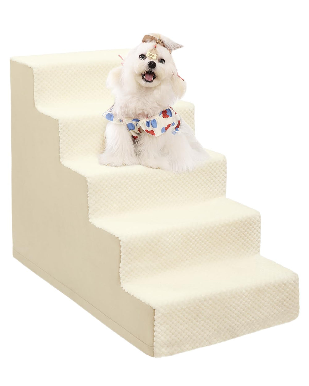 Vfrog 5-step beige dog stairs, front view, helps pets reach beds safely