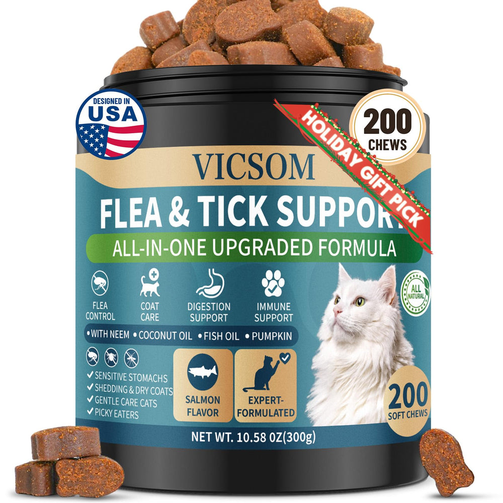 VICSOM Cats Flea & Tick Chews bottle front shows easy daily protection against fleas and ticks