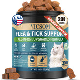 VICSOM Cats Flea & Tick Chews bottle front shows easy daily protection against fleas and ticks