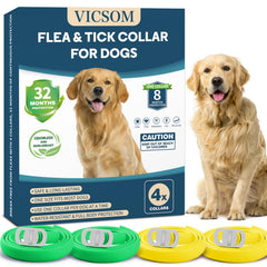 VICSOM four-pack flea collars in packaging offer long-lasting protection for dogs.