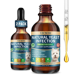 VICSOM natural dog yeast treatment bottle pour enables easy daily dosing and gentle relief.