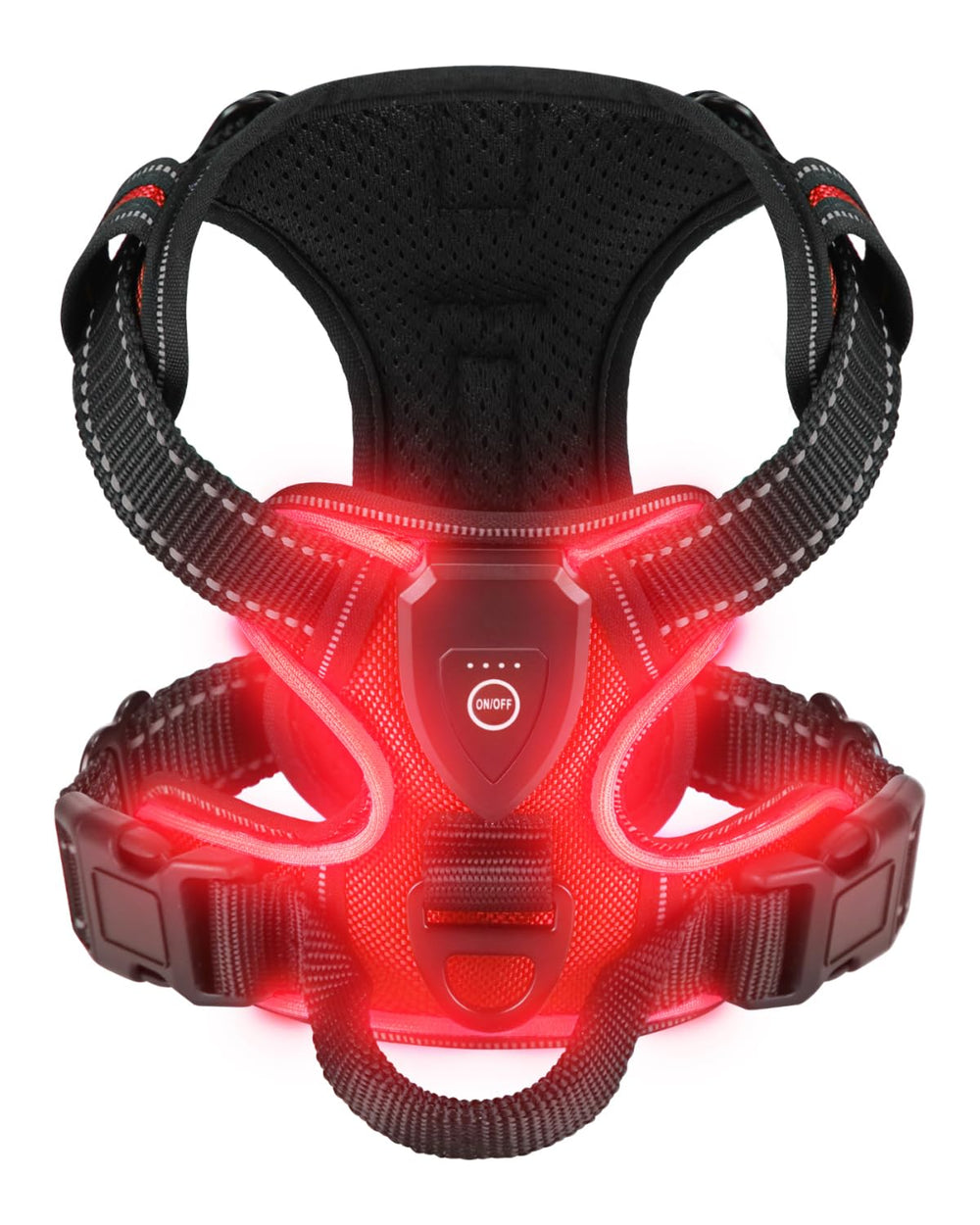 Villabliss light-up dog harness front view with bright LED for safer night walks.