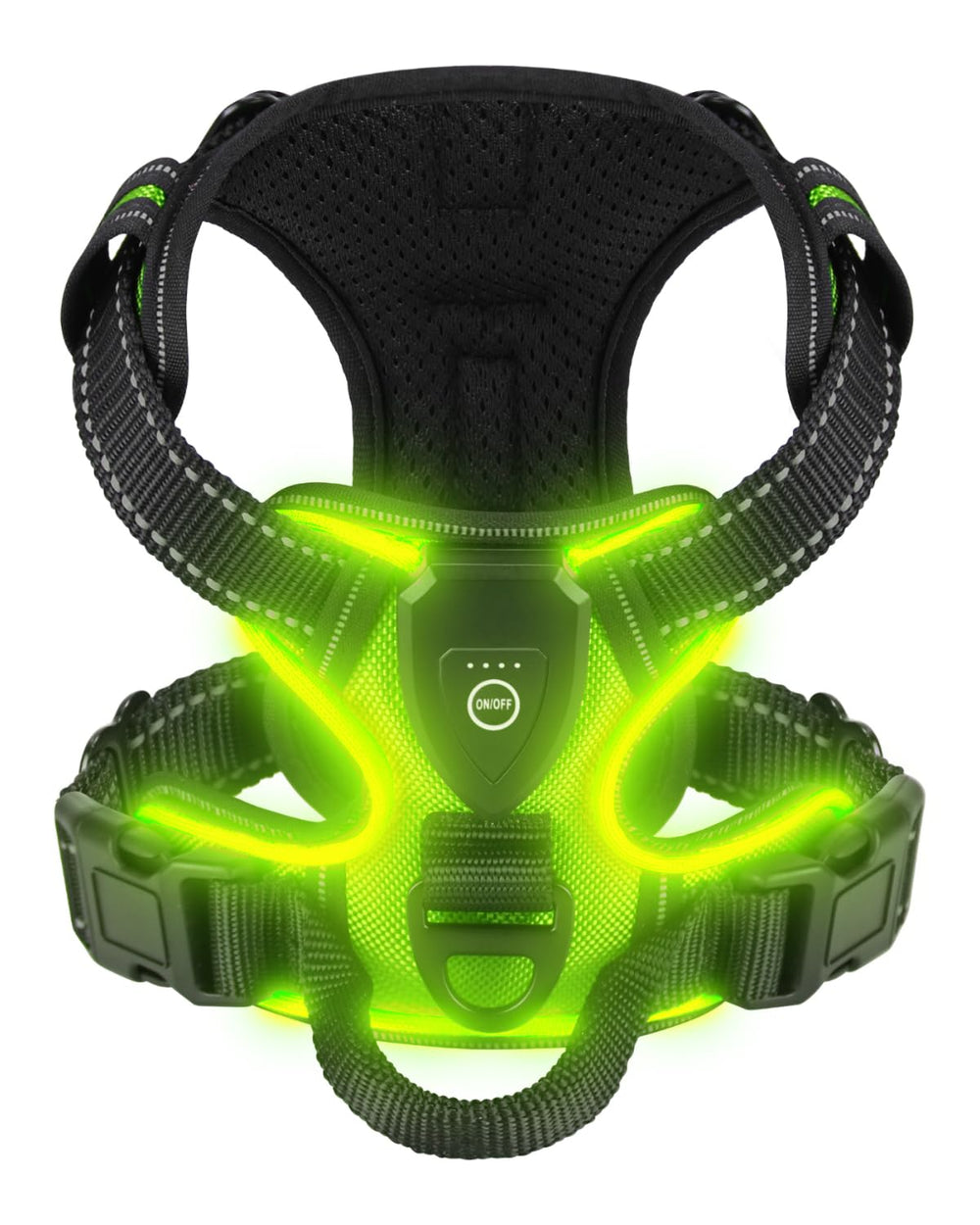 Villabliss light-up dog harness green front view for nighttime visibility during walks