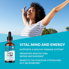 Vimergy Cat's Claw Liquid label emphasizes organic, non-GMO, gluten-free attributes