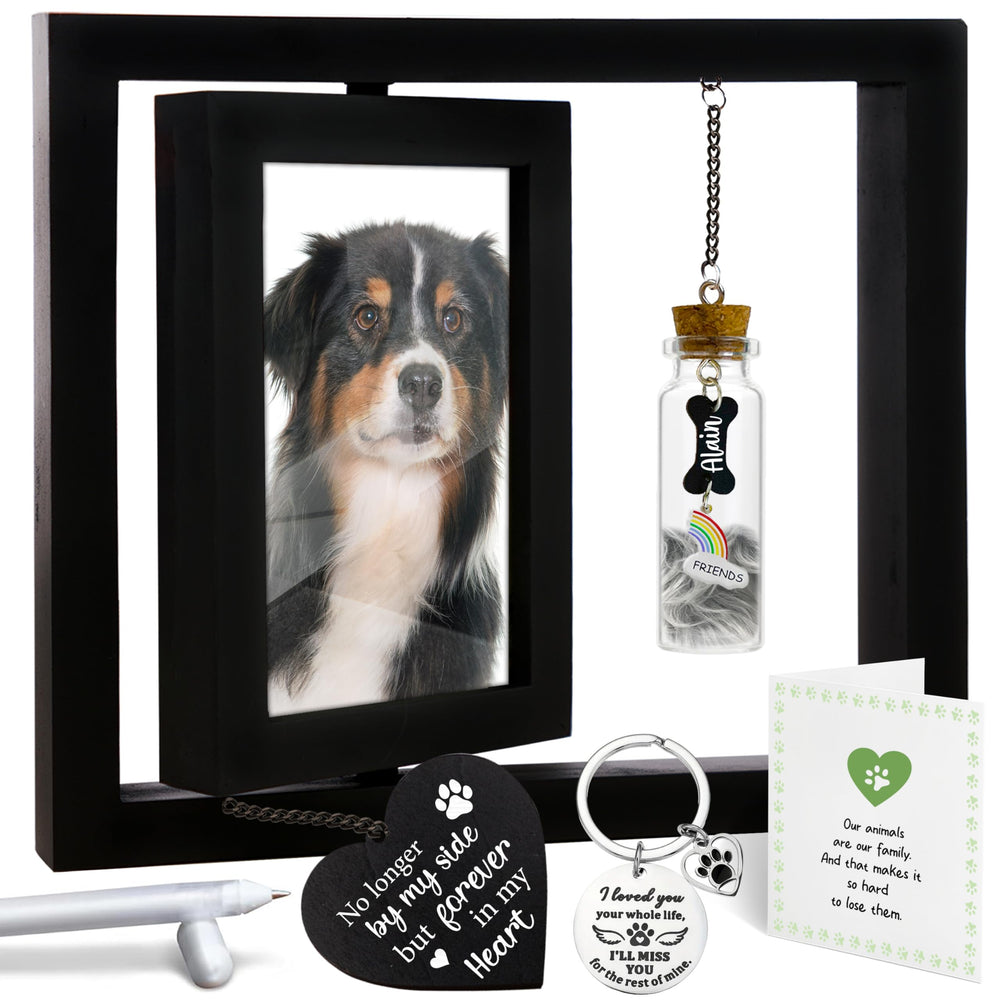 Vinatimes rotating-pet-memorial-frame displays two vertical 4x6 photos for memories.