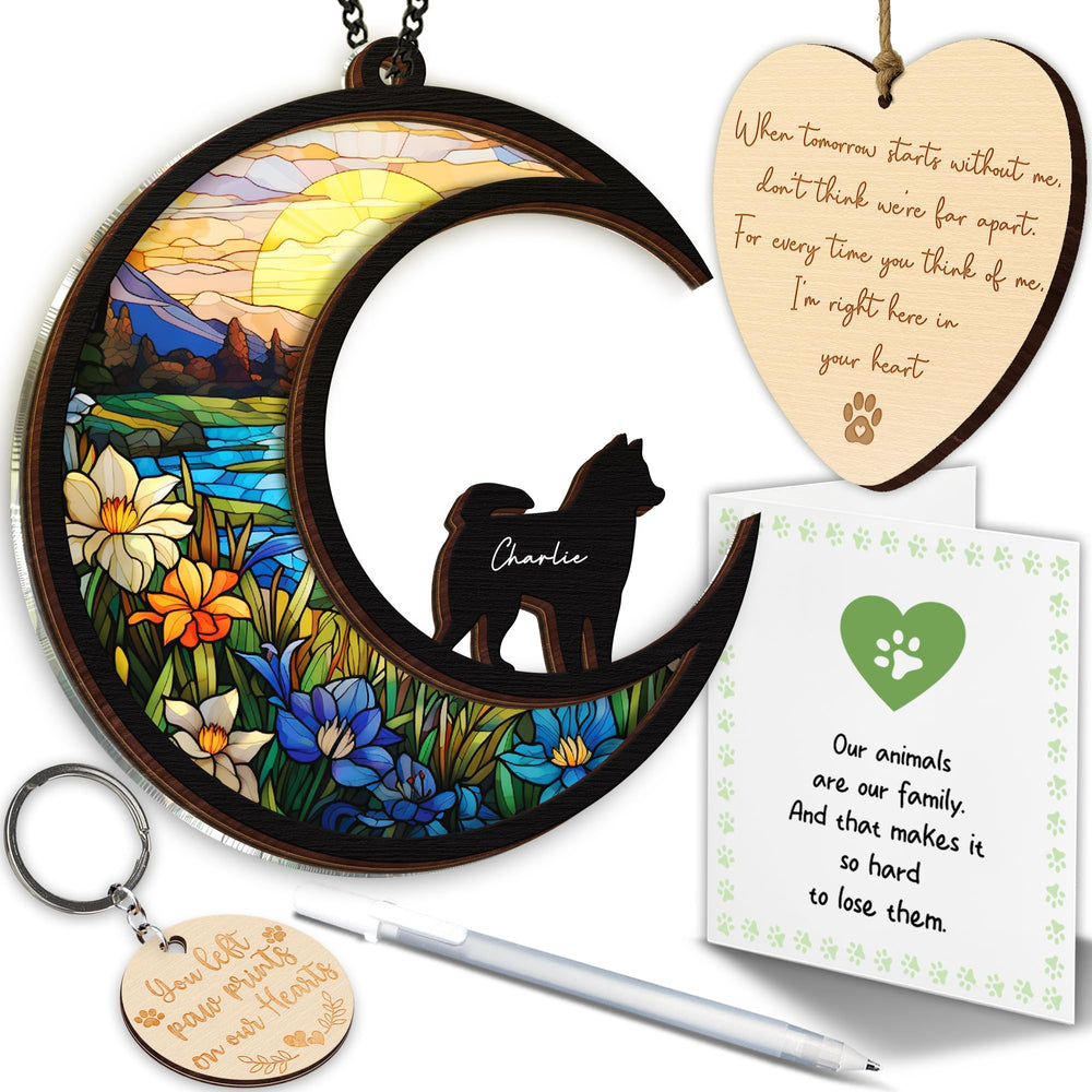 Vinatimes Siberian Husky memorial suncatcher in a sunny window for bright remembrance.