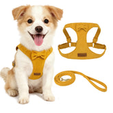 Vinqki XS dog harness with yellow bowtie, stylish comfort for small dogs during walks.
