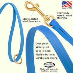 Viper Biothane K9 leash brass snap closeup highlighting rust-free reliability.
