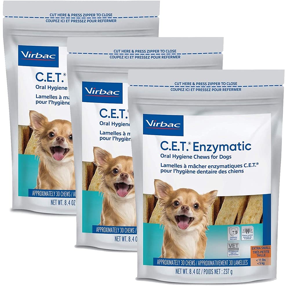 Virbac C.E.T. enzymatic chews for petite dogs for tartar control and fresh breath.