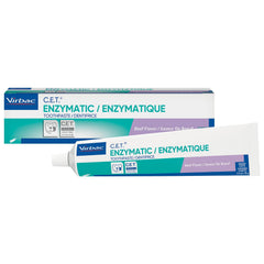Virbac C.E.T. enzymatic toothpaste tube with beef flavor supports daily oral care.