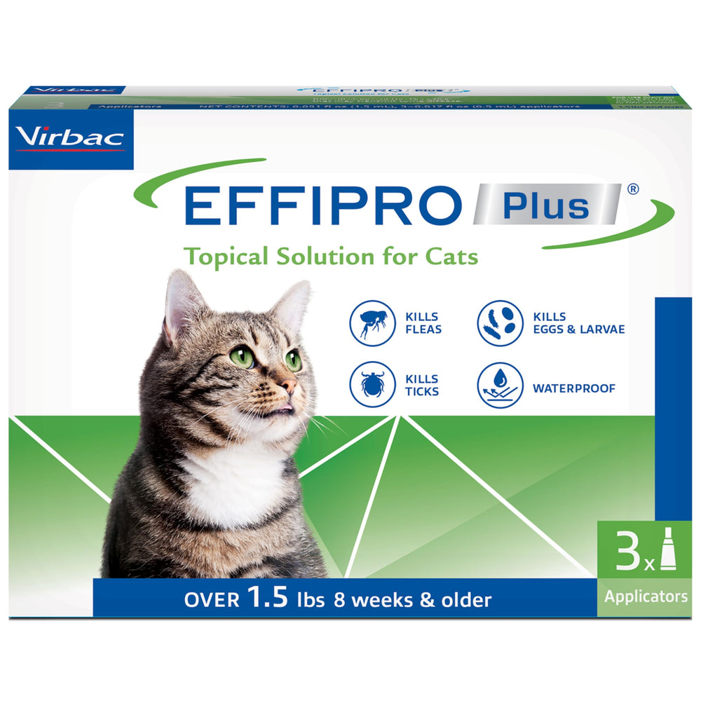 Virbac Effipro Plus cats packaging highlights non-perishable shelf life.