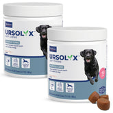 Virbac URSOLYX soft chews bacon flavor bottle showing easy daily dose for dogs