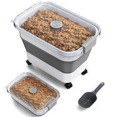Viretec dog food container with transparent lid shows remaining food.