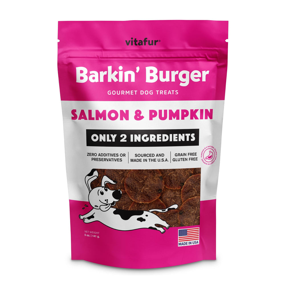 Vitafur Barkin Burger packaging highlights two-ingredient, grain-free dog treats for digestive support